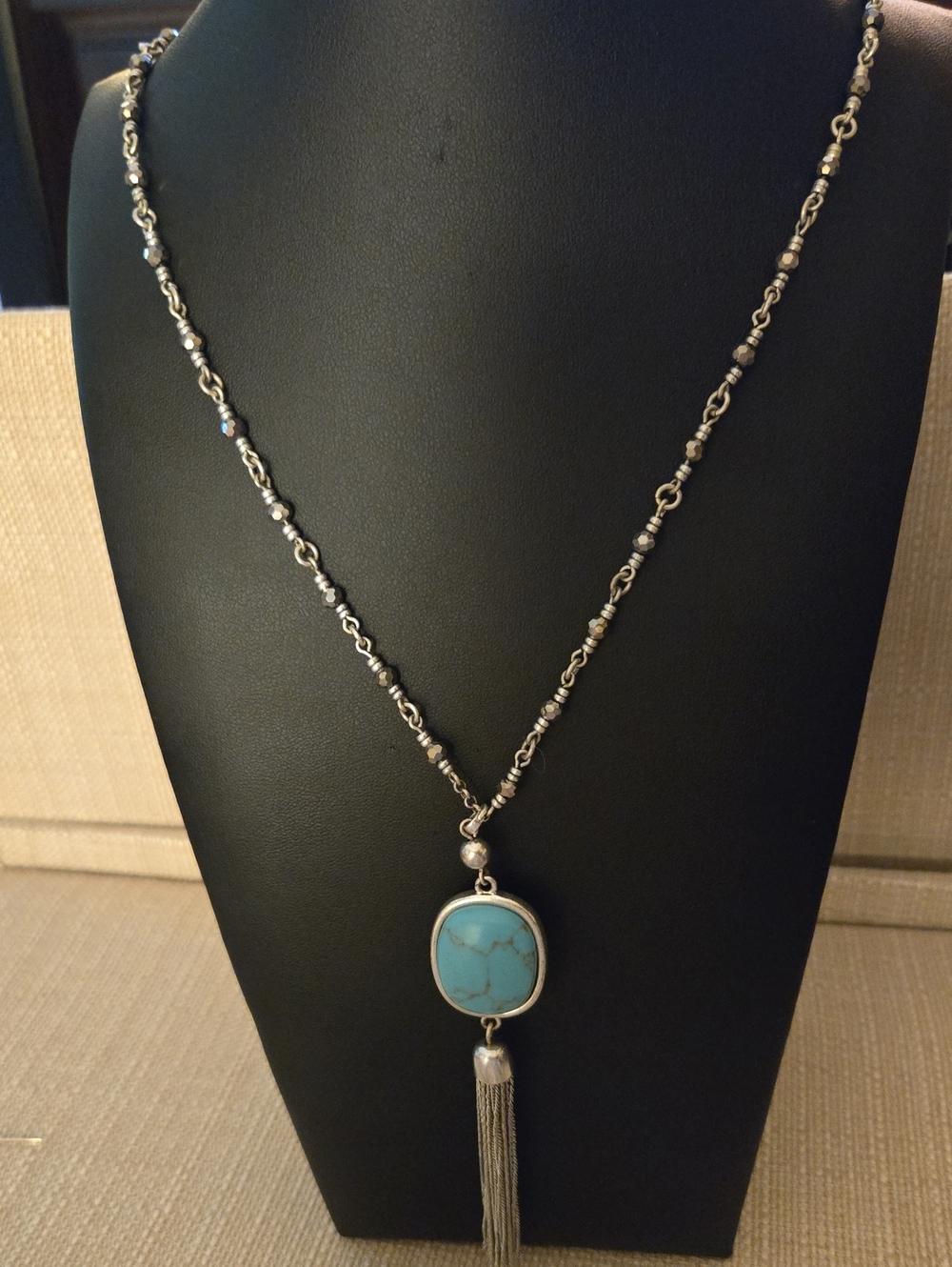 Lucky Brand Silver-tone Reversible Turquoise Pendant Necklace with Tassel